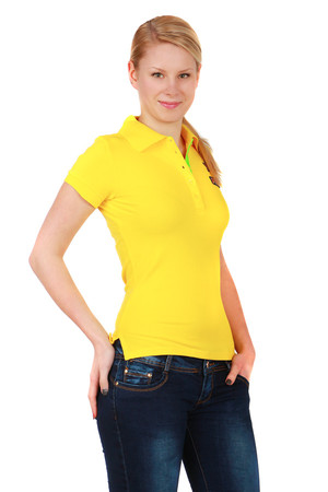 Ladies shirt with collar. Collar with button fastening. T-shirt and sleeve front patch. Material: 95% cotton, 5% elastane