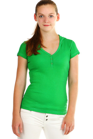 Women's ribbed T-shirt with short sleeves and hood. Buttons in neckline. Material: 80% cotton, 20% polyester