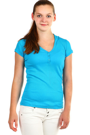 Women's ribbed T-shirt with short sleeves and hood. Buttons in neckline. Material: 80% cotton, 20% polyester