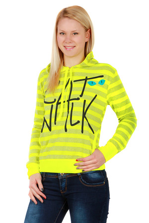 Sweatshirt in amazing vibrant colors. Front with a trendy inscription. On the sides of the pocket. Material: 95% cotton, 5%