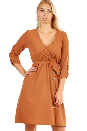 Women's One Color Short Dress with 3/4 Sleeves. Ribbon bows. Material: 95% polyester, 5% elastane Import: Italy