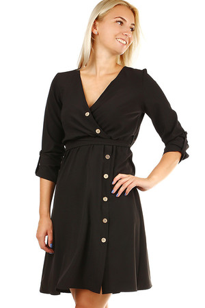 Women's One Color Short Dress with 3/4 Sleeves. Ribbon bows. Material: 95% polyester, 5% elastane Import: Italy