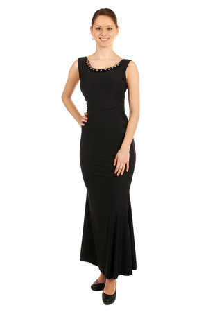 Long dress have a beaded neckline. The back is deeply cut. Import: Italy Material: 95% polyester, 5% elastane