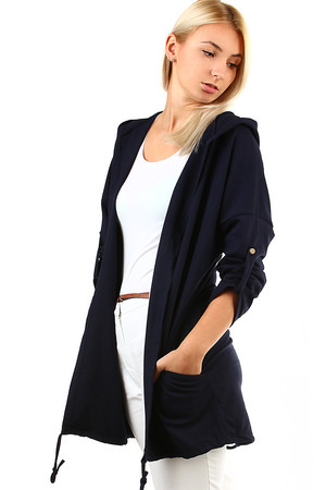 Stylish ladies cardigan with hood, without closing. The bottom hem can be pulled down with a string. The sleeves can be