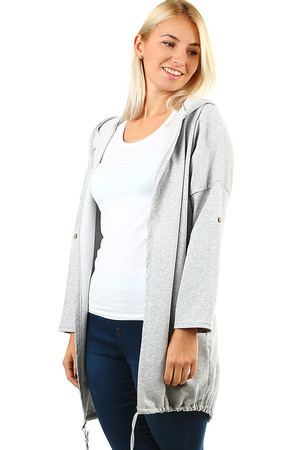 Stylish ladies cardigan with hood, without closing. The bottom hem can be pulled down with a string. The sleeves can be