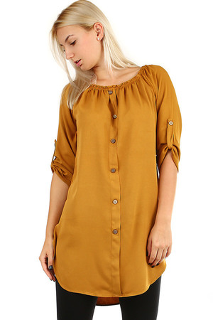 Women's summer shirt with three-quarter sleeves and carmen neckline. A decorative flap with buttons on the front. Can also be