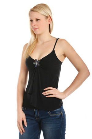 Women's monochrome cotton tank top. Neckline decorated with a flower of beads. The front part with a rucksack gives the tank
