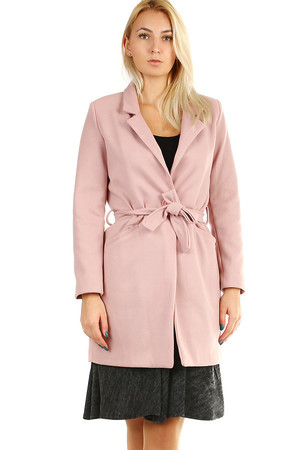 Elegant women's longer coat for a transitional period. Button and belt fastening. Design without hood, with collar. Material: