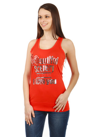 Modern tank top with wide straps. Inscription made of sequins. Wide hem at the bottom. Material: 65% cotton, 35% polyester