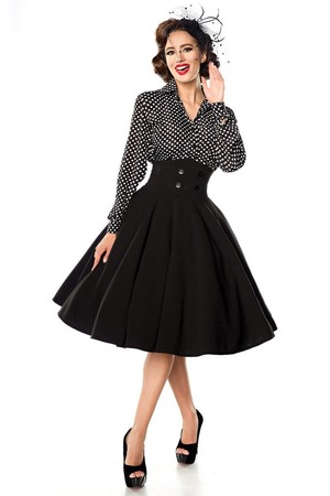 Women's pin-up style skirt. The tall waist is decorated with buttons. Zip fastening hidden in side seam. Belsira's proven