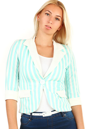 Striped women's jacket with three-quarter sleeves. Turning on the button. Short length with side pockets. V-neckline Very