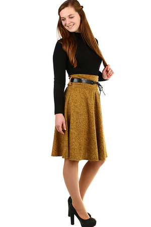 Women's midi skirt, knee length, half-round cut, decorative belt, winter cotton or cooler spring and autumn days. Material: