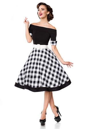 Women's vintage dress with a patterned wheeled skirt under the knee. At the end of the short sleeves there are cuffs in the