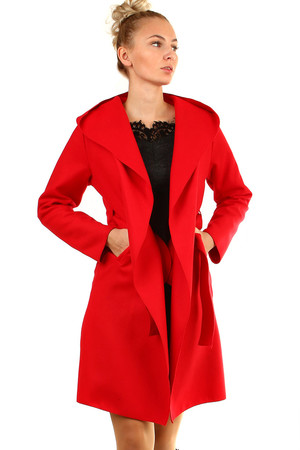 Elegant slim ladies coat without fastening (only with belt). Suitable for spring / autumn. Hooded design. Material: 80%