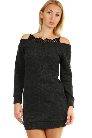 Women's knitted mini dress. original design knit material short length long sleeves bare shoulders lace in neckline suitable