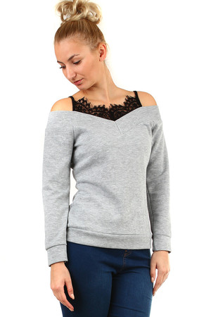 Women's brindle t-shirt made of knitted fabric long sleeve bare shoulders V-neckline V black lace embedded in the neckline