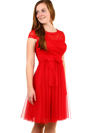 Women's Lace Prom Dress. with short sleeves round neckline upper part full lace a belt in the waist at the waist tulle