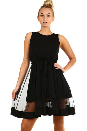 Women's short dress. bilayer look with transparent parts on skirt with tulle skirt in a trim cut with trim without sleeves on