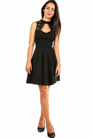 Short women's ball or formal dress with lace in the neckline and on the back. A-line cut flattering figure. The universal