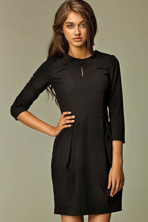Cocktail ladies dress close fitting top length above knee round neck with small cross section in the middle three-quarter
