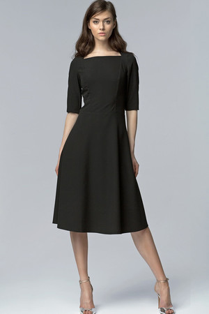 Evening women's dress knee length three-quarter sleeve original square neckline close fitting top A-skirt cut skirt