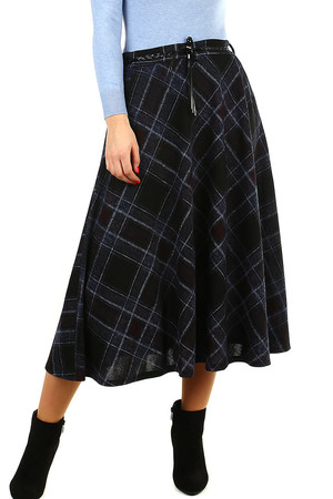 Warm elegant ladies skirt pleasant knit long extended cut with pockets checkered aging pattern color variant elastic waist