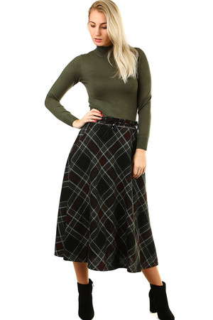 Warm elegant ladies skirt pleasant knit long extended cut with pockets checkered aging pattern color variant elastic waist