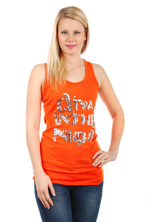 Women's monochrome tank top - boxer. The front part is decorated with a distinctive inscription from sequins. Longer cut,