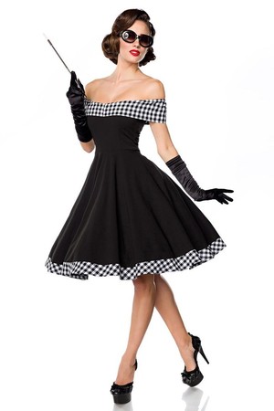 Retro party black dress very feminine close fitting top with a checkered collar that turns into a short sleeve bare shoulders