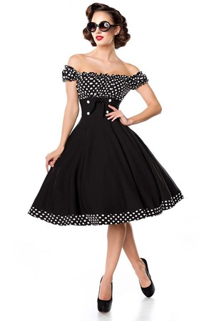 Women's dress in Parisian vintage style with Carmen neckline upper spotted part short sleeve higher waist with decorative