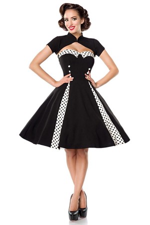 Women's dress in retro style with bolero without sleeves heart décolleté with polka dot collar decorative black buttons on