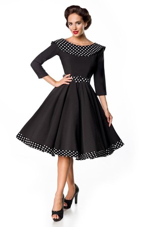 Women's black party dress in retro style round neck with polka dot collar back neckline deep V 3/4 sleeve removable