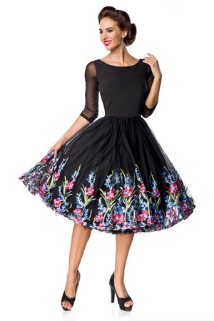 Formal black dress with tulle embroidered skirt round neckline 3/4 mesh sleeve layered skirt tulle skirt embroidered with