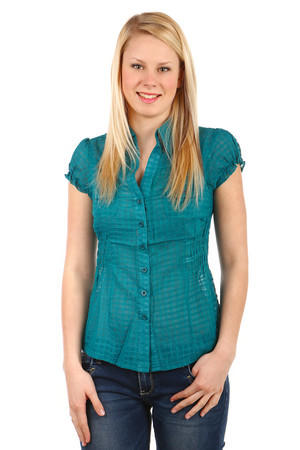 Women's blouse with short sleeves. Button fastening. Slightly draped sleeves and pleated fabric under chest. Slightly sparse