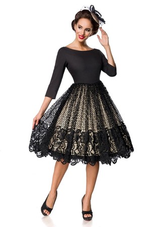 Party lace ladies dress luxury look Retro style boat booth 3/4 sleeve rich round skirt in double-layered appearance black
