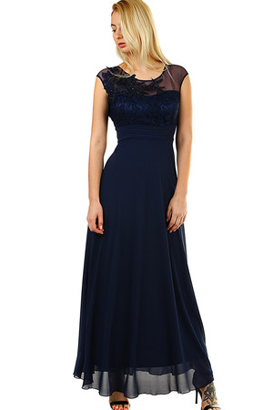 Chiffon Long Ladies Dress mesh neck material with rounded neck without sleeves front part decorated with floral embroidery
