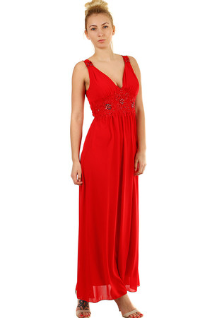 Ball long women's dress reinforced decollete, cut into deep V bodice decorated with floral lace and beads without sleeves