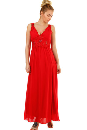 Ball long women's dress reinforced decollete, cut into deep V bodice decorated with floral lace and beads without sleeves