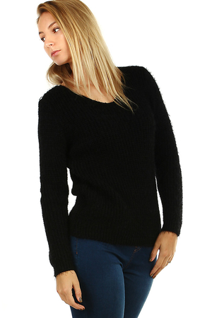 Women's sweater monochrome knit medium length without fastening V-shaped décolletage soft, slightly bushy yarn suitable for