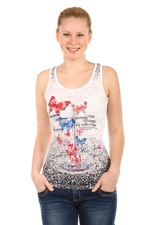 Women's summer tank top. The romantic front print is layered. The back of the flexible, ribbed material is monochrome.