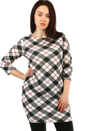 Women's oversized knitted dress round neckline free cut 2 side pockets 3/4 sleeve checkered aging pattern elastic thicker