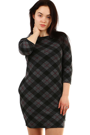 Women's oversized knitted dress round neckline free cut 2 side pockets 3/4 sleeve checkered aging pattern elastic thicker