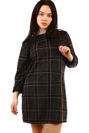 Women's knit oversized dress ageless checkered pattern straight comfortable cut round neckline longer sleeves without