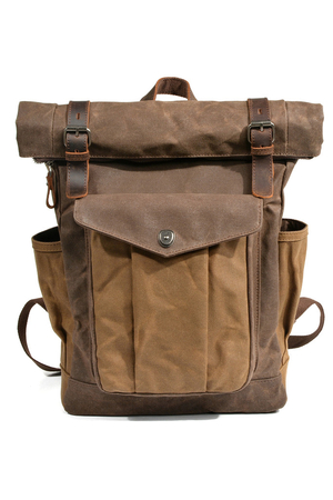 Vintage canvas scroll backpack with pockets waterproof waxed canvas zip fastening and patents textile lining 3 pockets