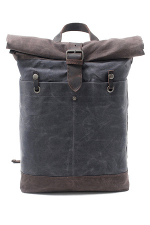 Roll-Top spacious vintage backpack made of thicker canvas zipper and leather strap for patent inside with lining, 2 open