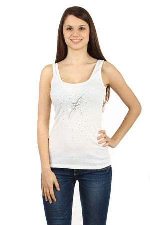 Beautiful ladies tank top with a pattern, with a picture of stones. Slightly ribbed material. Wide straps, round neckline.