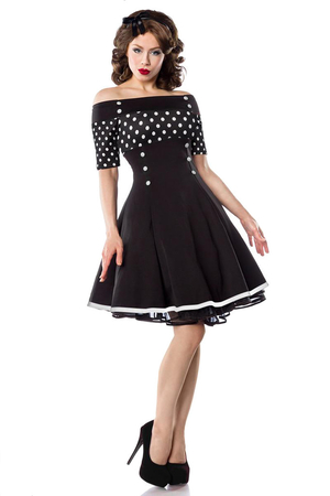 Retro women's dress with bare shoulders black with white polka dots on top and short sleeve décolleté Carmen finished with