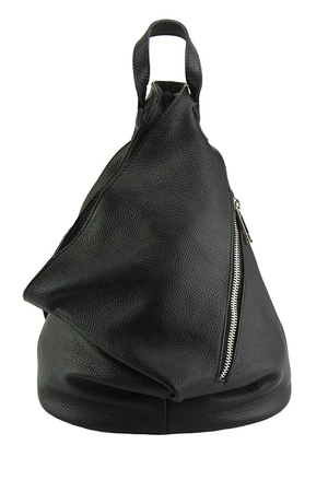 Unusual ladies urban backpack made of genuine leather original triangle shape main compartment with zipping and patent inside