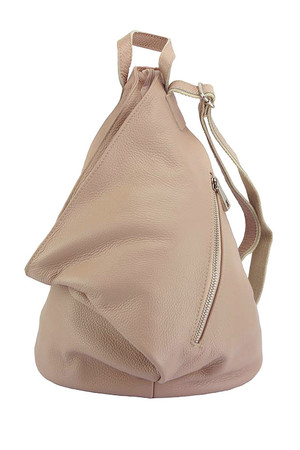 Unusual ladies urban backpack made of genuine leather original triangle shape main compartment with zipping and patent inside