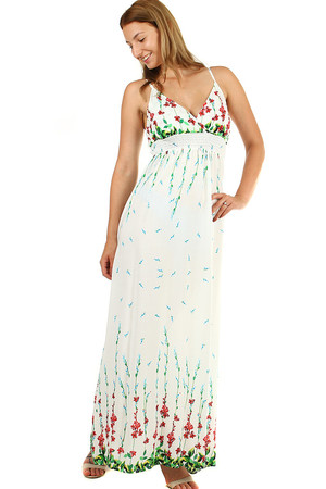 Romantic maxi dress with flowers monochrome background with a motif of colorful flowering meadows narrow adjustable straps